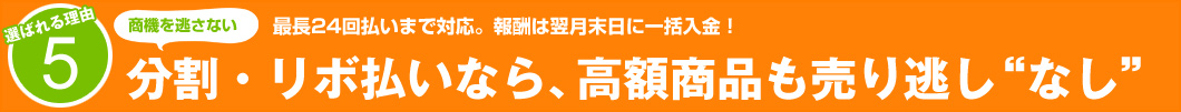 選ばれる理由5:最長24回払いまで対応。報酬は翌月末日に一括入金!分割・リボ払いなら、高額商品も売り逃しなし
