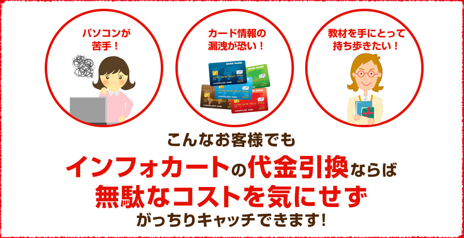 パソコンが苦手! カード情報の 漏洩が恐い! 教材を手にとって 持ち歩きたい! こんなお客様でも インフォカートの代金引換ならば 無駄なコストを気にせず がっちりキャッチできます!