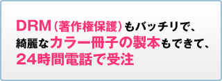 DRM(著作権保護)もバッチリで、綺麗なカラー冊子の製本もできて、24時間電話で受注
